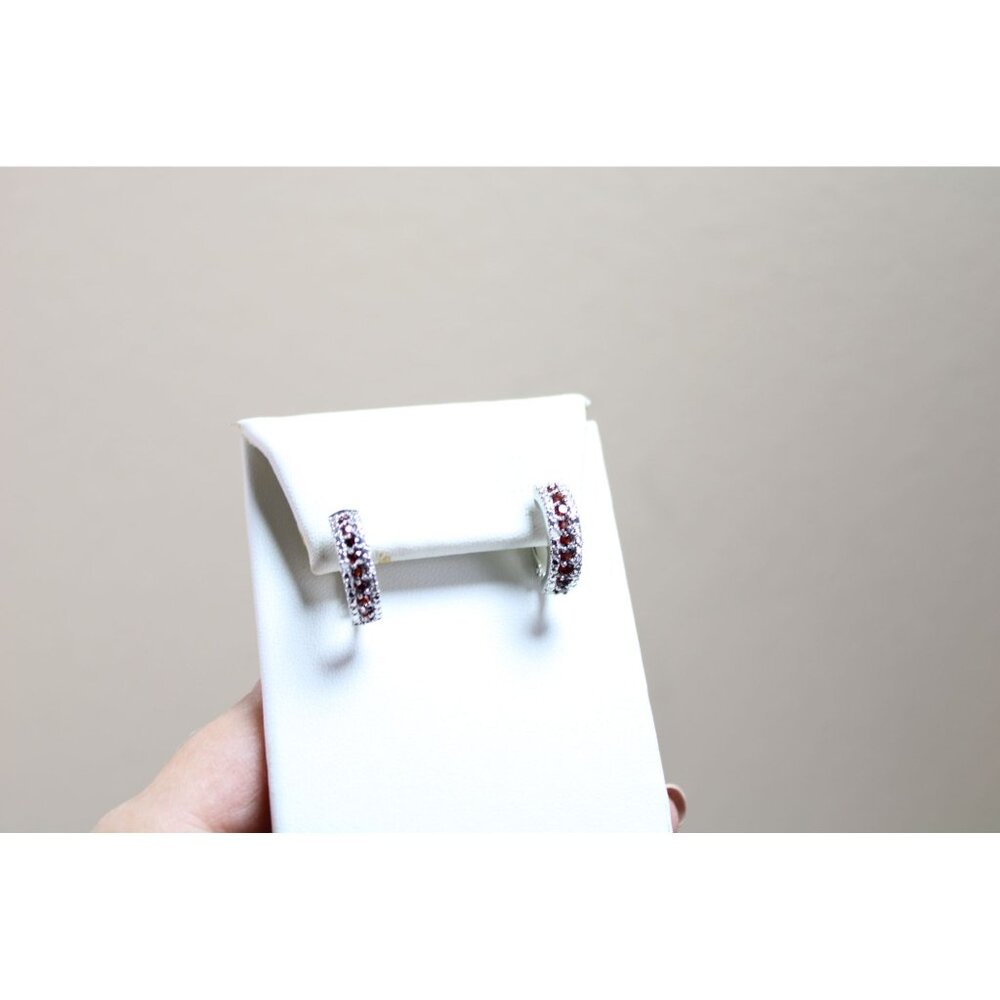 Ruby Red Crystal Hoop Earrings Silvertone Silver Tone 93212 Vintage - Picture 2 of 6
